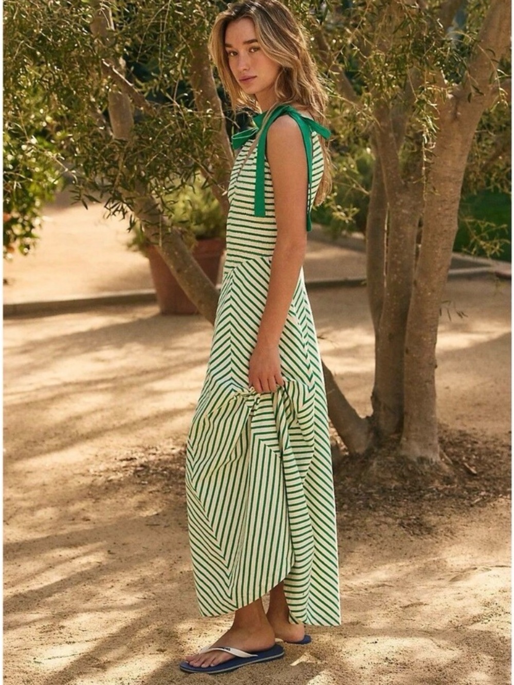 Free People Green and White Striped Tie-Shoulder Maxi Dress